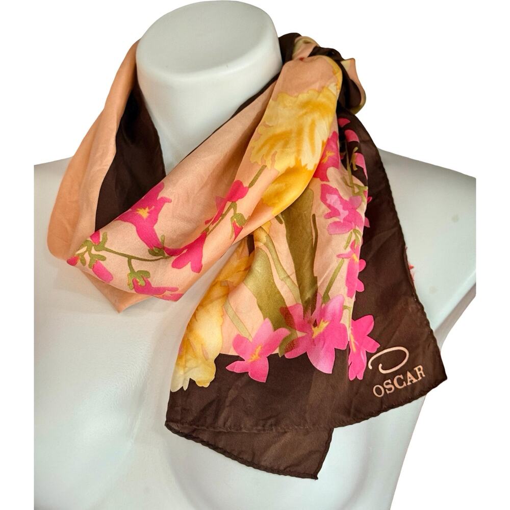 Vintage Oscar De La Renta Silk Scarf 11x51 Orchid Floral Pink Brown 1990s - Picture 5 of 8